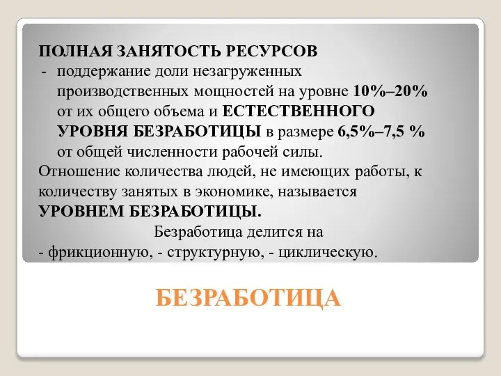 БЕЗРАБОТИЦА ПОЛНАЯ ЗАНЯТОСТЬ РЕСУРСОВ поддержание доли незагруженных производственных мощностей на уровне 10%–20%