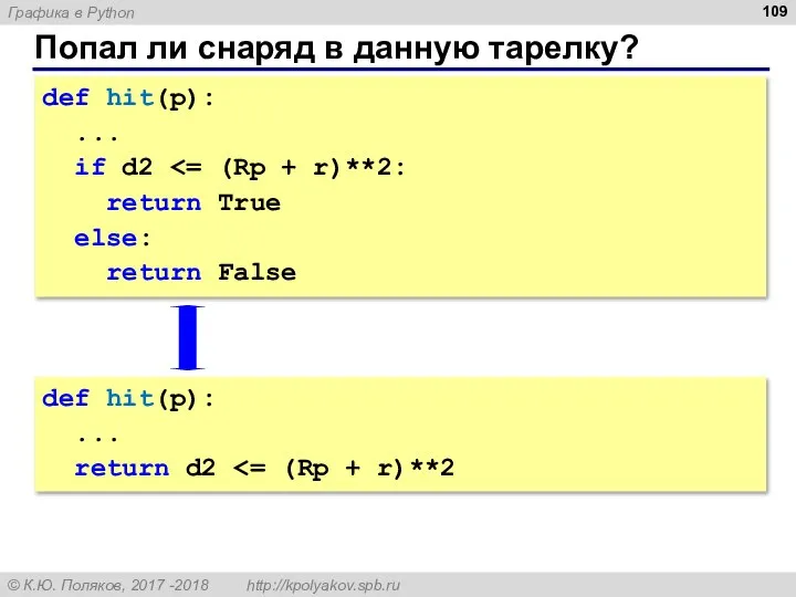 Попал ли снаряд в данную тарелку? def hit(p): ... if d2 return