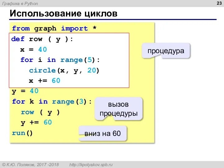 Использование циклов from graph import * def row ( y ): x