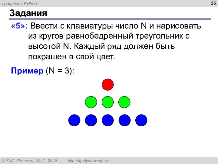 Задания «5»: Ввести с клавиатуры число N и нарисовать из кругов равнобедренный