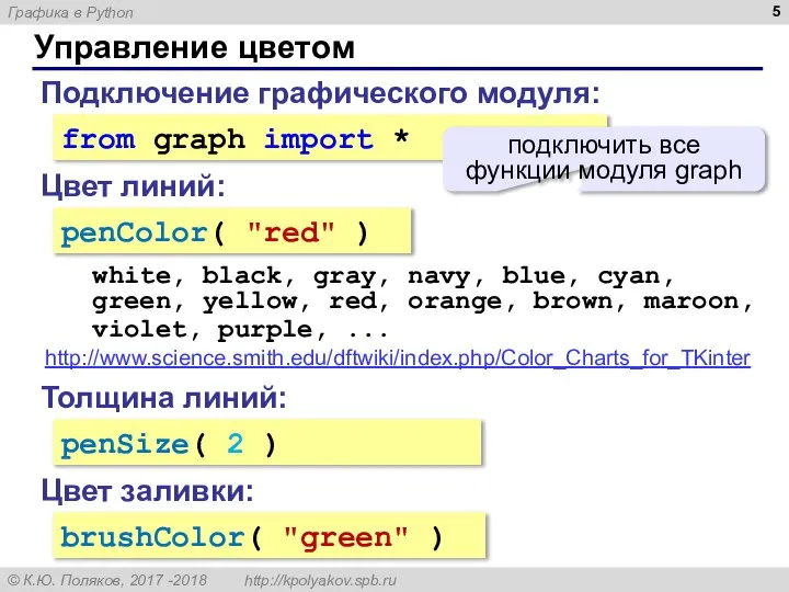 Управление цветом Подключение графического модуля: from graph import * подключить все функции