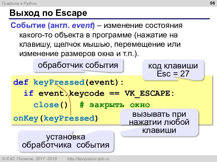 Выход по Escape Событие (англ. event) – изменение состояния какого-то объекта в