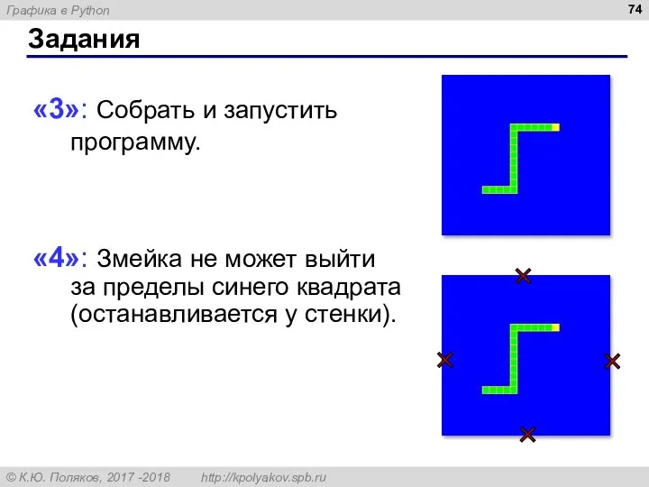 Задания «3»: Собрать и запустить программу. «4»: Змейка не может выйти за