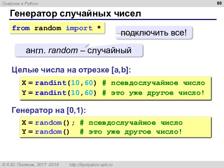 Генератор случайных чисел Генератор на [0,1): X = random(); # псевдослучайное число