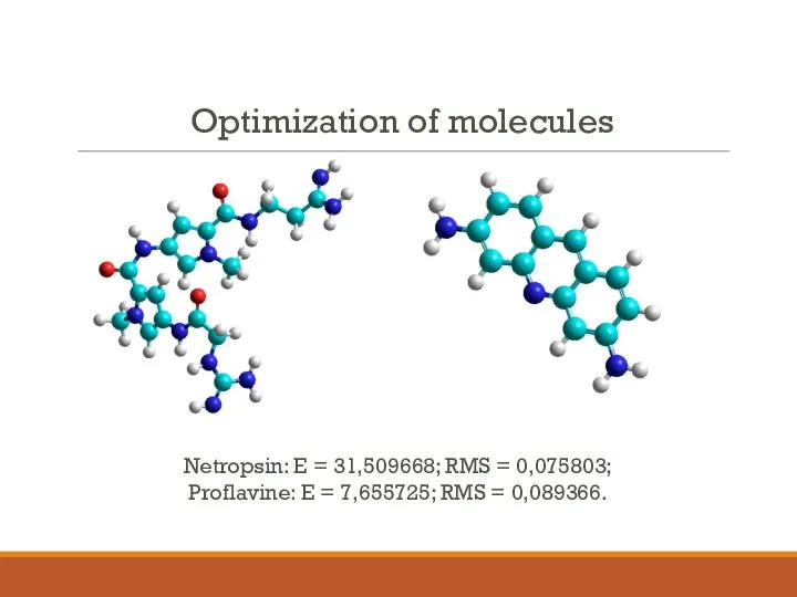 Optimization of molecules Netropsin: E = 31,509668; RMS = 0,075803; Proflavine: E