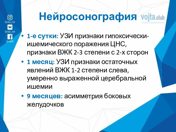 Нейросонография 1-е сутки: УЗИ признаки гипоксически-ишемического поражения ЦНС, признаки ВЖК 2-3 степени