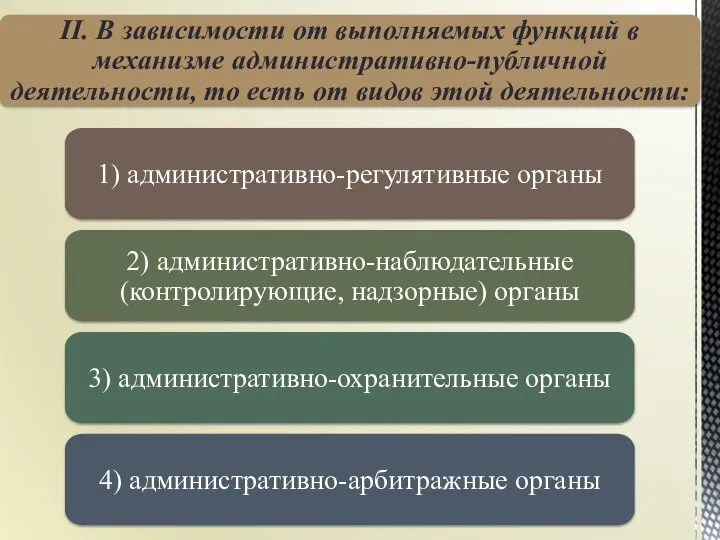 II. В зависимости от выполняемых функций в механизме административно-публичной деятельности, то есть