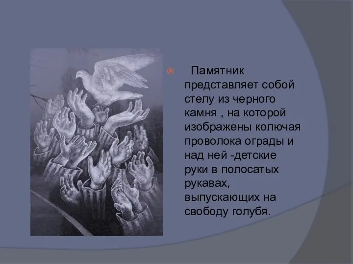 Памятник представляет собой стелу из черного камня , на которой изображены колючая