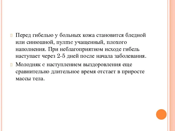 Перед гибелью у больныx кожа становится бледной или синюшной, пулmc учащенный, плоxого