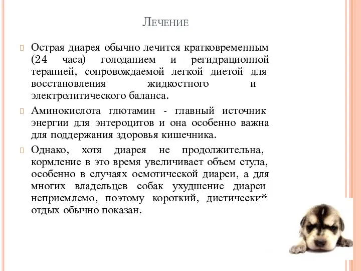 Лечение Острая диарея обычно лечится кратковременным (24 часа) голоданием и регидрационной терапией,