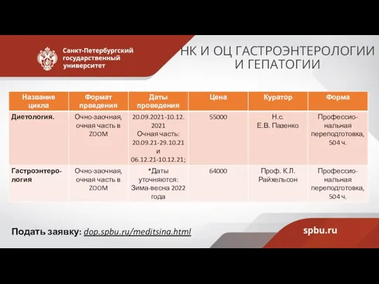 Подать заявку: dop.spbu.ru/meditsina.html НК И ОЦ ГАСТРОЭНТЕРОЛОГИИ И ГЕПАТОГИИ