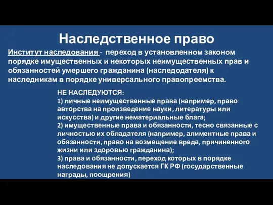 Наследственное право Институт наследования - переход в установленном законом порядке имущественных и