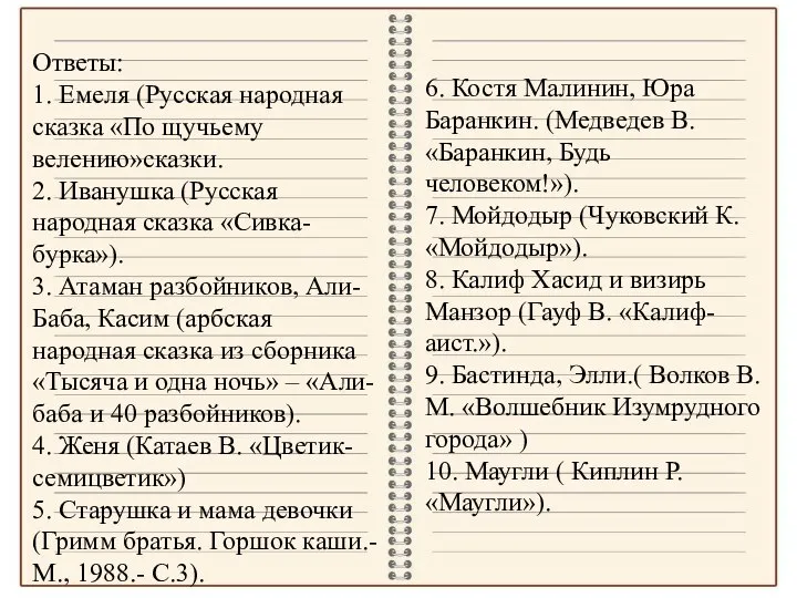 6. Костя Малинин, Юра Баранкин. (Медведев В. «Баранкин, Будь человеком!»). 7. Мойдодыр