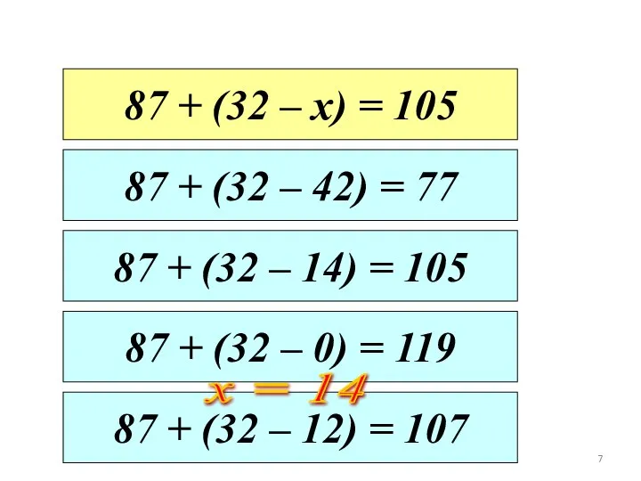 42; 0; 14; 12 87 + (32 – 14) = 105 87