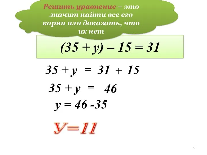 Решим уравнение: (35 + у) – 15 = 31 У=11 35 +