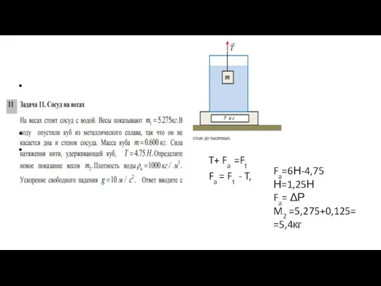 T+ Fa =Ft Fa = Ft - T, Fa=6Н-4,75Н=1,25Н Fa= ΔР M2 =5,275+0,125= =5,4кг