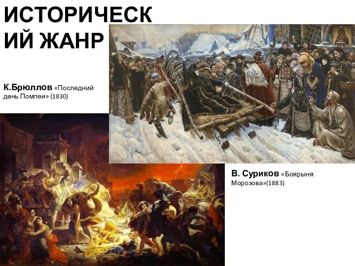 ИСТОРИЧЕСКИЙ ЖАНР К.Брюллов «Последний день Помпеи» (1830) В. Суриков «Боярыня Морозова»(1883)