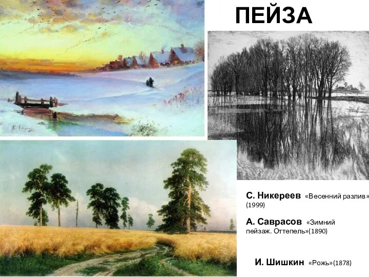 ПЕЙЗАЖ И. Шишкин «Рожь»(1878) С. Никереев «Весенний разлив» (1999) А. Саврасов «Зимний пейзаж. Оттепель»(1890)