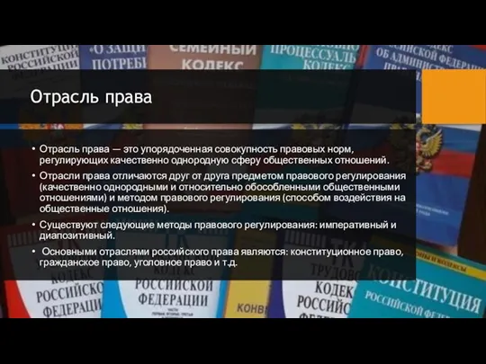 Отрасль права Отрасль права — это упорядоченная совокупность правовых норм, регулирующих качественно