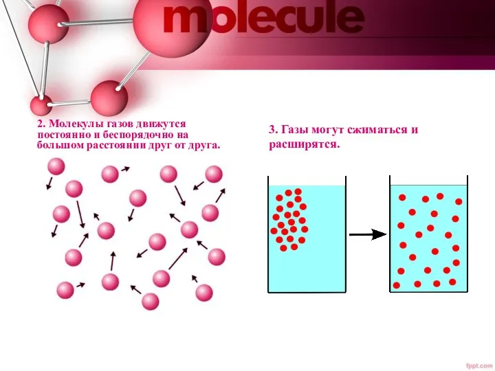 2. Молекулы газов движутся постоянно и беспорядочно на большом расстоянии друг от