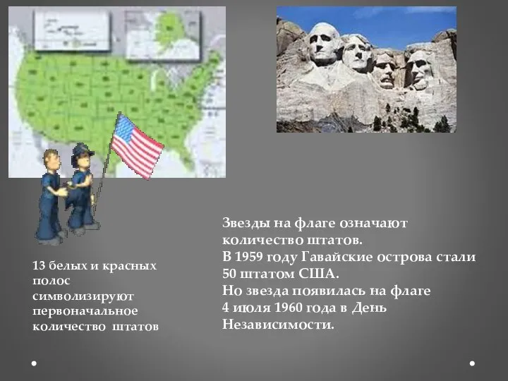 Звезды на флаге означают количество штатов. В 1959 году Гавайские острова стали