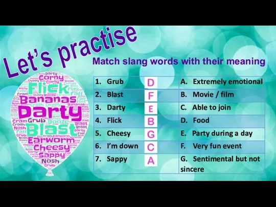 Let’s practise Match slang words with their meaning D F E B G C A