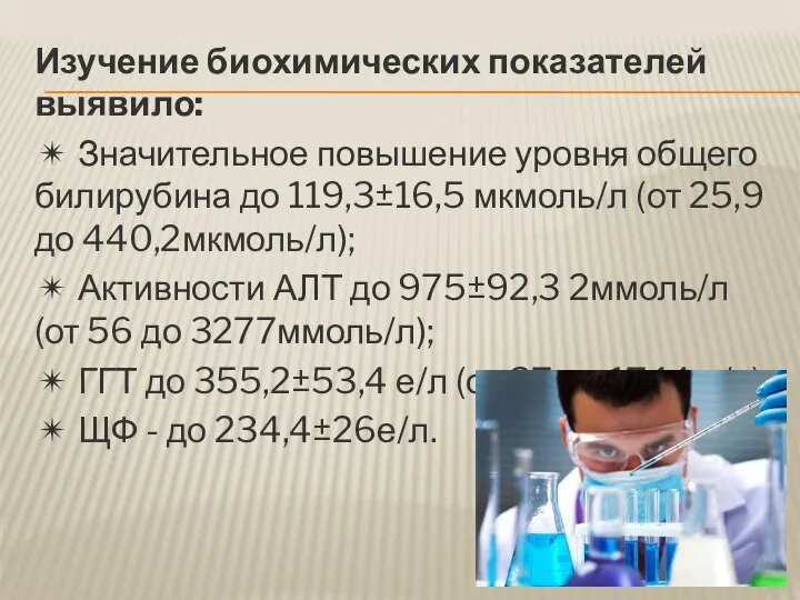 Изучение биохимических показателей выявило: ✴ Значительное повышение уровня общего билирубина до 119,3±16,5