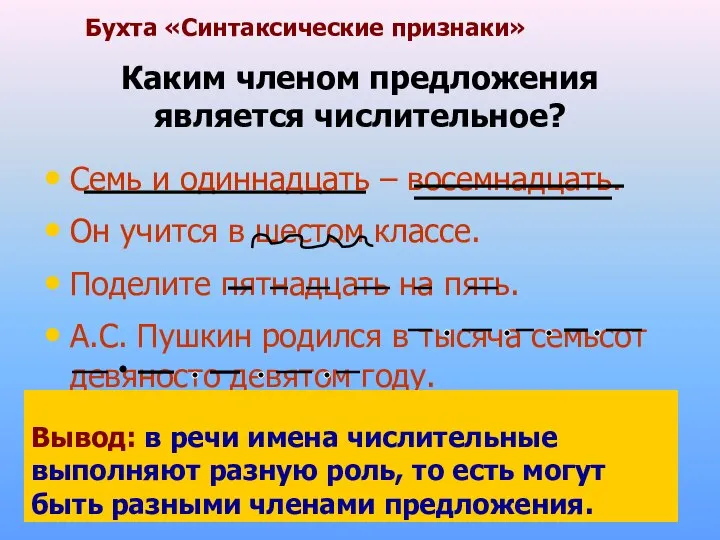 Каким членом предложения является числительное? Семь и одиннадцать – восемнадцать. Он учится