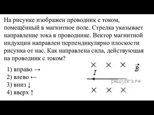 На ри­сун­ке изоб­ра­жен про­вод­ник с током, помещённый в маг­нит­ное поле. Стрел­ка ука­зы­ва­ет