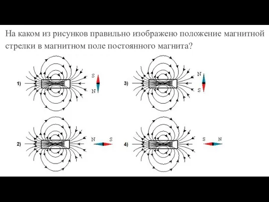 На каком из рисунков правильно изображено положение магнитной стрелки в магнитном поле постоянного магнита?