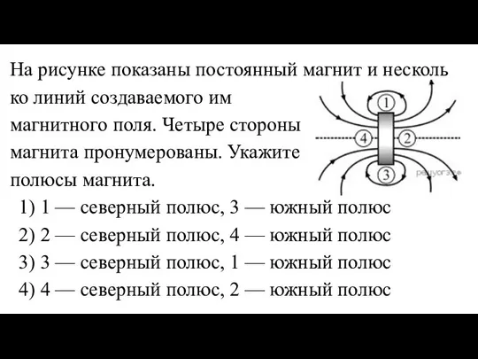 На ри­сун­ке по­ка­за­ны по­сто­ян­ный маг­нит и не­сколь­ко линий со­зда­ва­е­мо­го им маг­нит­но­го поля.