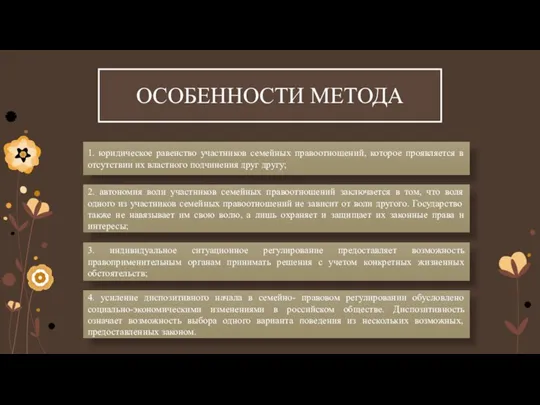 ОСОБЕННОСТИ МЕТОДА 1. юридическое равенство участников семейных правоотношений, которое проявляется в отсутствии