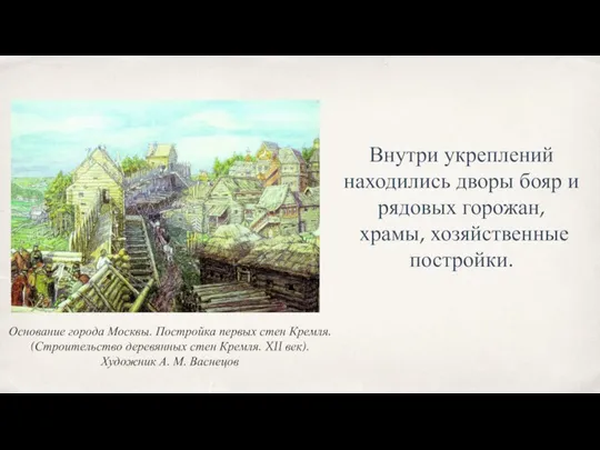 Внутри укреплений находились дворы бояр и рядовых горожан, храмы, хозяйственные постройки. Основание