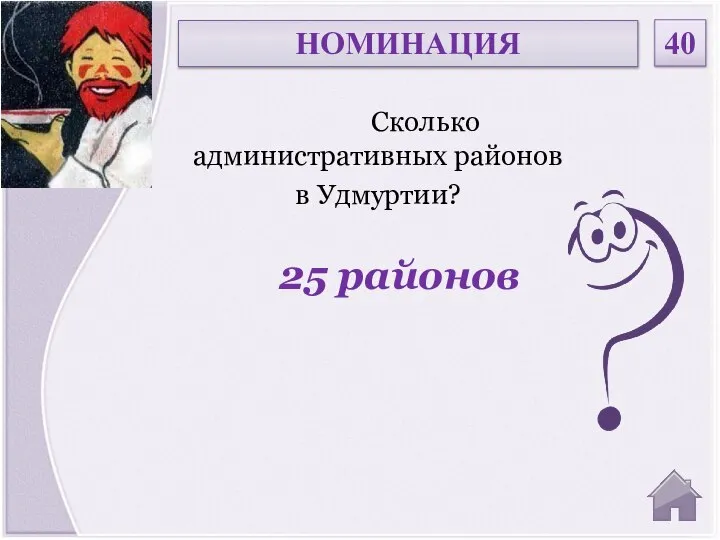 25 районов Сколько административных районов в Удмуртии? НОМИНАЦИЯ 40