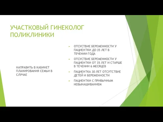 УЧАСТКОВЫЙ ГИНЕКОЛОГ ПОЛИКЛИНИКИ НАПРАВИТЬ В КАБИНЕТ ПЛАНИРОВАНИЯ СЕМЬИ В СЛУЧАЕ ОТСУСТВИЕ БЕРЕМЕННОСТИ