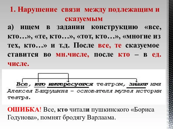 1. Нарушение связи между подлежащим и сказуемым а) ищем в задании конструкцию