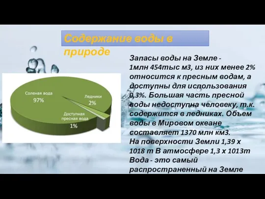 Содержание воды в природе Запасы воды на Земле - 1млн 454тыс м3,