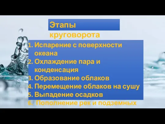 Этапы круговорота Испарение с поверхности океана Охлаждение пара и конденсация Образование облаков