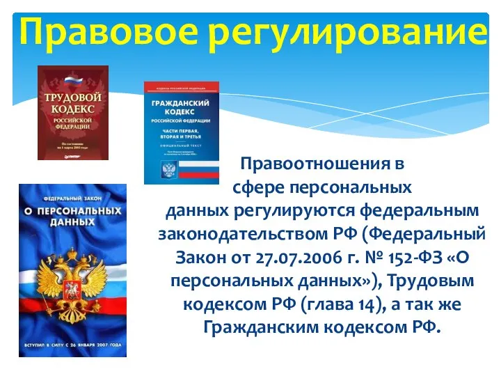 Правоотношения в сфере персональных данных регулируются федеральным законодательством РФ (Федеральный Закон от