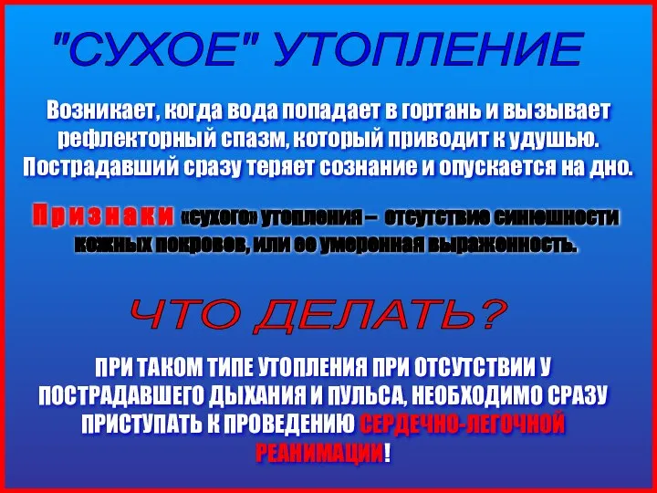 "СУХОЕ" УТОПЛЕНИЕ Возникает, когда вода попадает в гортань и вызывает рефлекторный спазм,