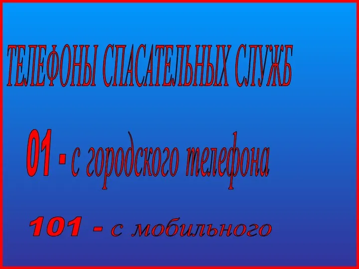 ТЕЛЕФОНЫ СПАСАТЕЛЬНЫХ СЛУЖБ 01 - с городского телефона 101 - с мобильного