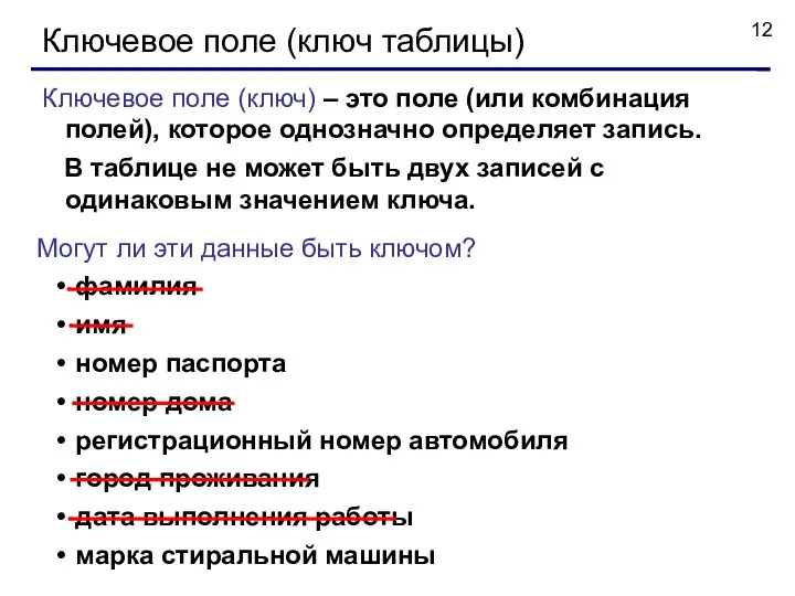 Ключевое поле (ключ таблицы) Ключевое поле (ключ) – это поле (или комбинация