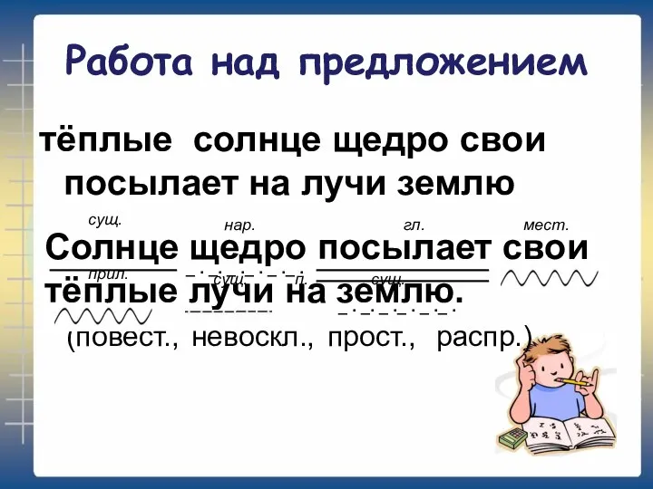 Работа над предложением тёплые солнце щедро свои посылает на лучи землю Солнце