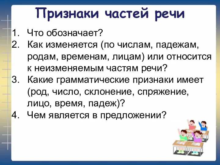 Признаки частей речи Что обозначает? Как изменяется (по числам, падежам, родам, временам,