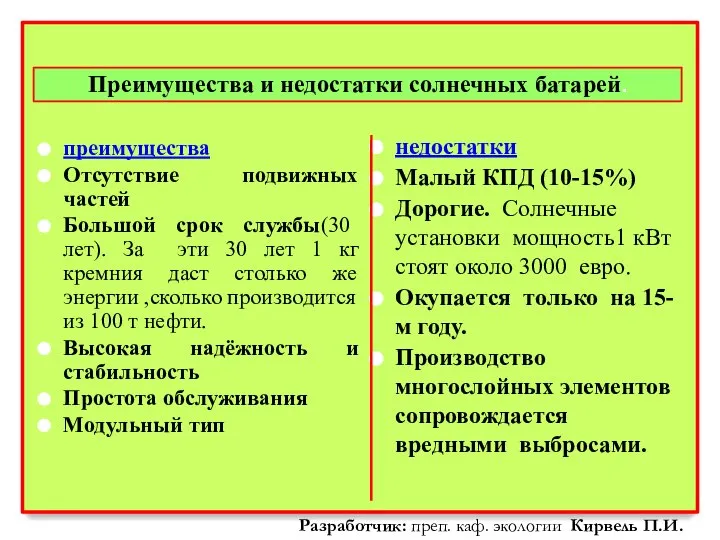 Преимущества и недостатки солнечных батарей. преимущества Отсутствие подвижных частей Большой срок службы(30