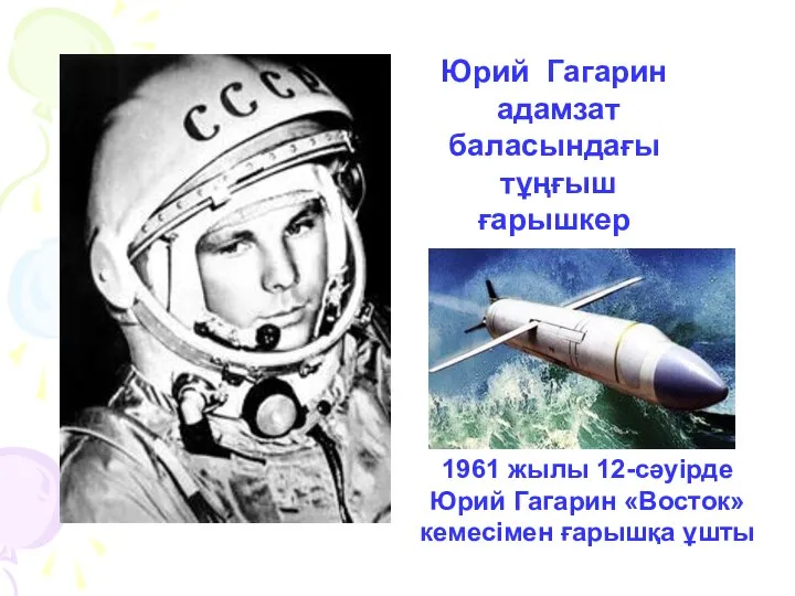 1961 жылы 12-сәуiрде Юрий Гагарин «Восток» кемесiмен ғарышқа ұшты Юрий Гагарин адамзат баласындағы тұңғыш ғарышкер