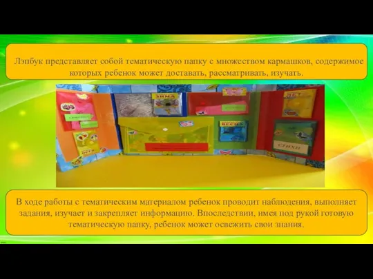 Лэпбук представляет собой тематическую папку с множеством кармашков, содержимое которых ребенок может