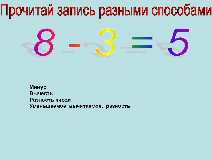 8 - 3 = 5 Минус Вычесть Разность чисел Уменьшаемое, вычитаемое, разность Прочитай запись разными способами
