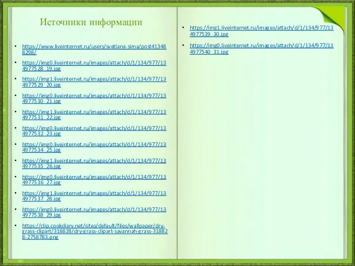 Источники информации https://www.liveinternet.ru/users/svetlana-sima/post413488298/ https://img0.liveinternet.ru/images/attach/d/1/134/977/134977528_19.jpg https://img1.liveinternet.ru/images/attach/d/1/134/977/134977529_20.jpg https://img0.liveinternet.ru/images/attach/d/1/134/977/134977530_21.jpg https://img1.liveinternet.ru/images/attach/d/1/134/977/134977531_22.jpg https://img0.liveinternet.ru/images/attach/d/1/134/977/134977532_23.jpg https://img0.liveinternet.ru/images/attach/d/1/134/977/134977534_25.jpg https://img1.liveinternet.ru/images/attach/d/1/134/977/134977535_26.jpg https://img0.liveinternet.ru/images/attach/d/1/134/977/134977536_27.jpg https://img1.liveinternet.ru/images/attach/d/1/134/977/134977537_28.jpg https://img0.liveinternet.ru/images/attach/d/1/134/977/134977538_29.jpg https://clip.cookdiary.net/sites/default/files/wallpaper/dry-grass-clipart/318828/dry-grass-clipart-savannah-grass-318828-2758783.png https://img1.liveinternet.ru/images/attach/d/1/134/977/134977539_30.jpg https://img0.liveinternet.ru/images/attach/d/1/134/977/134977540_31.jpg