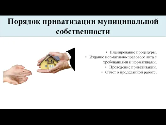 Планирование процедуры. Издание нормативно-правового акта с требованиями и нормативами. Проведение приватизации. Отчет